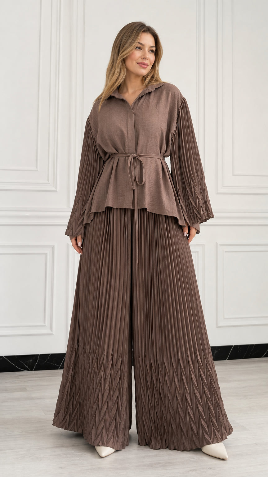 Full front view of woman wearing Mocha Brown pleated long-sleeve top and wide leg pants set