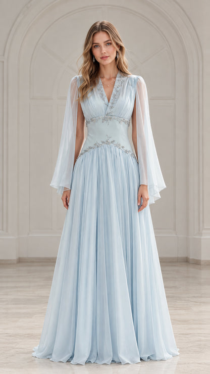 Front view of model wearing a sky blue beaded chiffon evening gown with cape sleeves