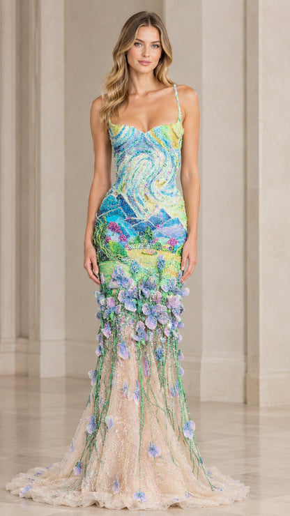 Aqua Blue impressionist beaded mermaid evening gown with 3D floral appliqués - front view
