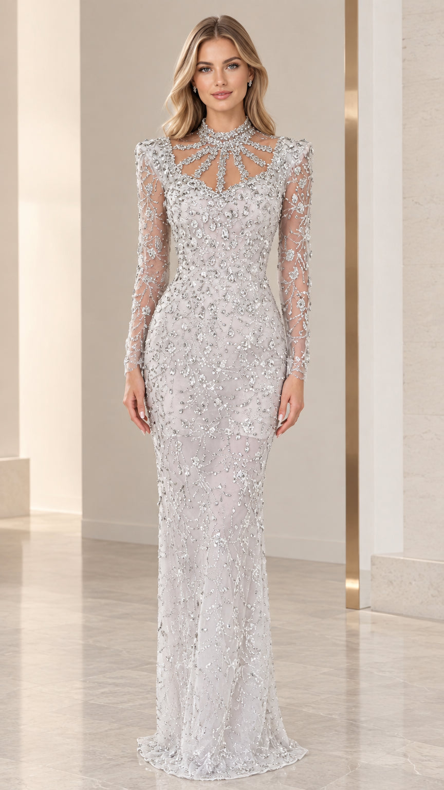 Front view of woman wearing silver embellished long sleeve high neck evening gown