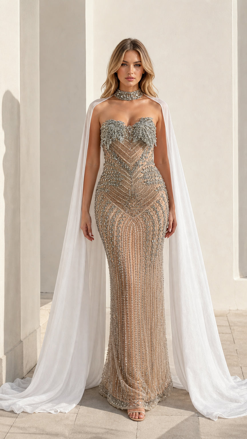Front view of model wearing champagne beaded evening gown with sheer cape