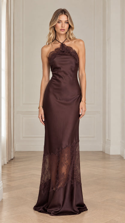 Chocolate Brown Halter Neck Satin Maxi Dress with Lace Inset Front View