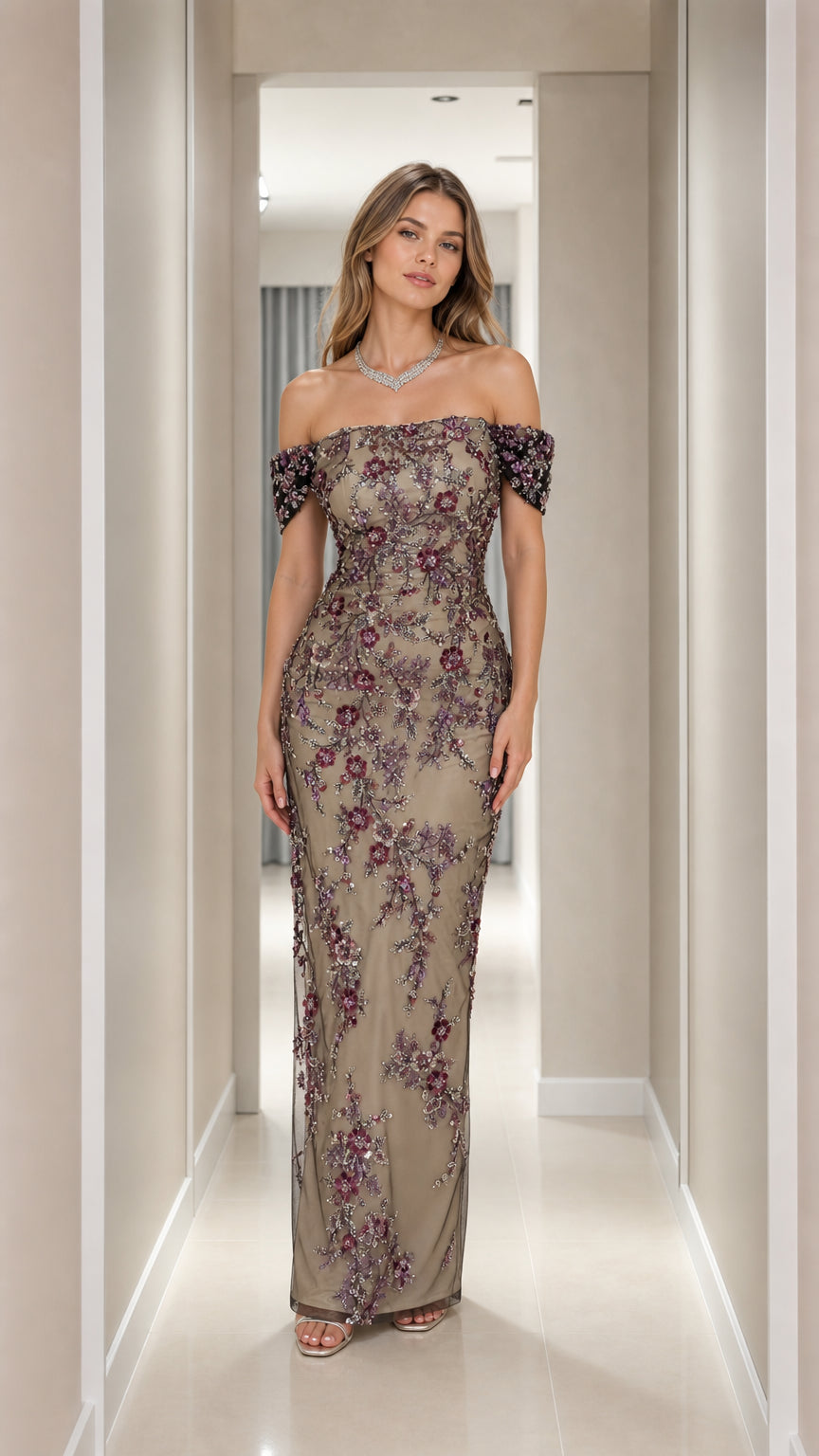 Front view of champagne off-the-shoulder floral embroidered beaded maxi gown