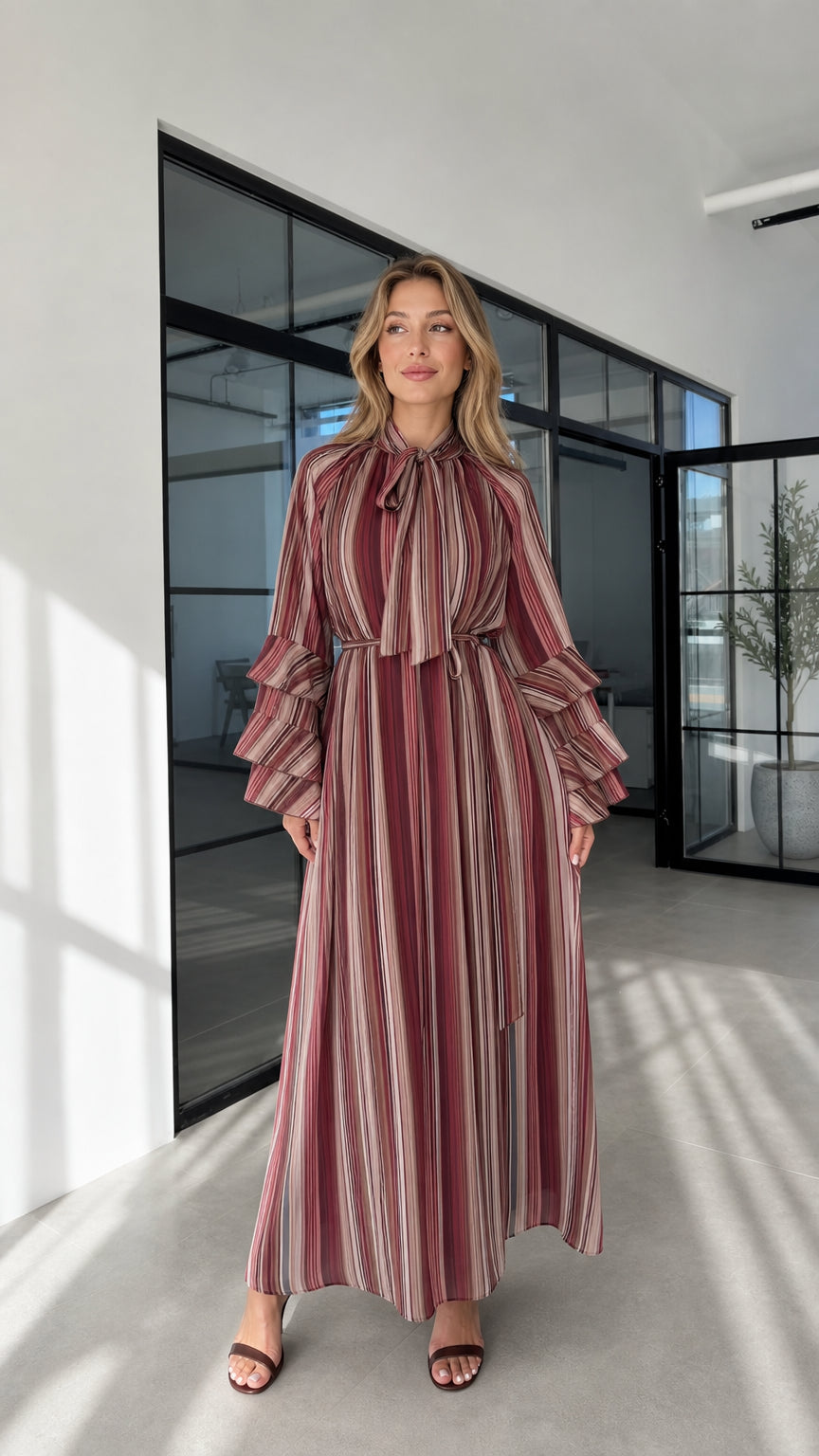 Model wearing burgundy striped ruffle sleeve maxi dress front view