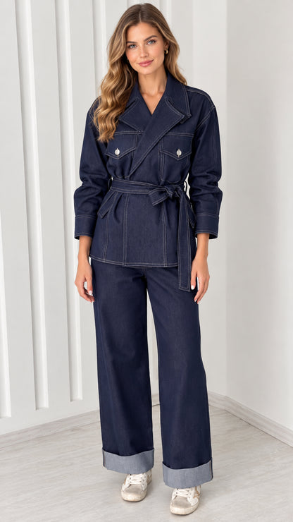 Front view of model wearing Dark Indigo belted utility jacket and cuffed wide-leg trousers set