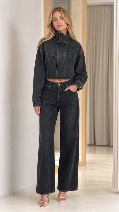 Full front view of women's washed black cropped denim jacket and wide leg pants set