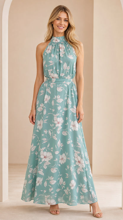 Front view of woman wearing sage green floral halter neck maxi dress