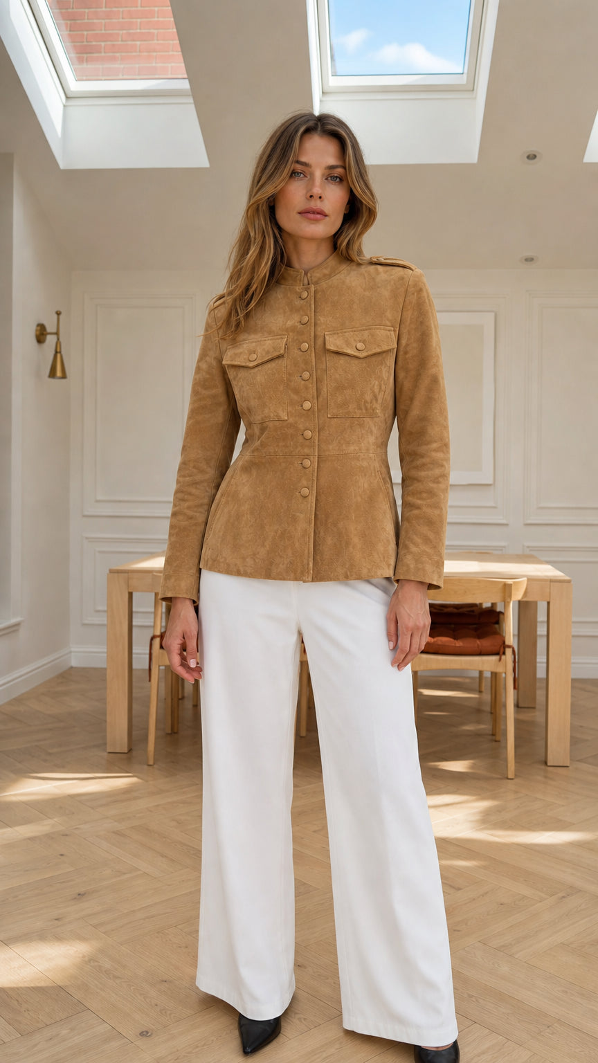 Front view of model wearing camel faux suede stand collar tailored jacket with white wide leg pants