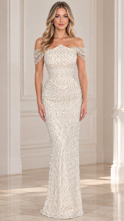 Front view of model wearing ivory off-the-shoulder beaded basque waist evening gown