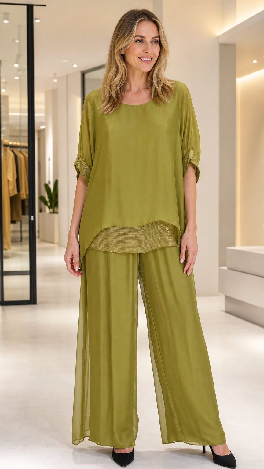 Full front view of women's olive green 2-piece chiffon pant set