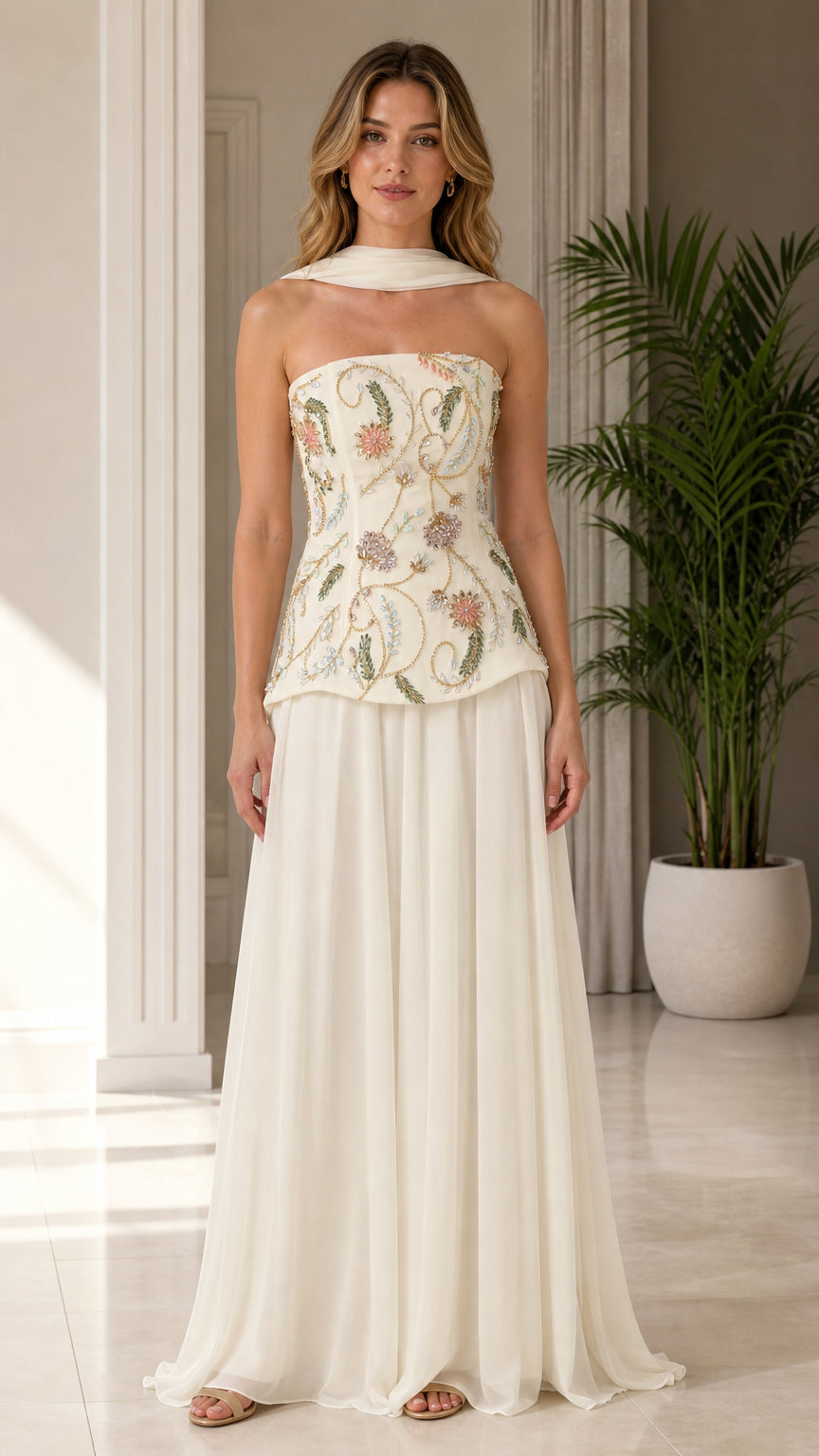 Front view of model wearing ivory strapless beaded floral corset evening gown with scarf