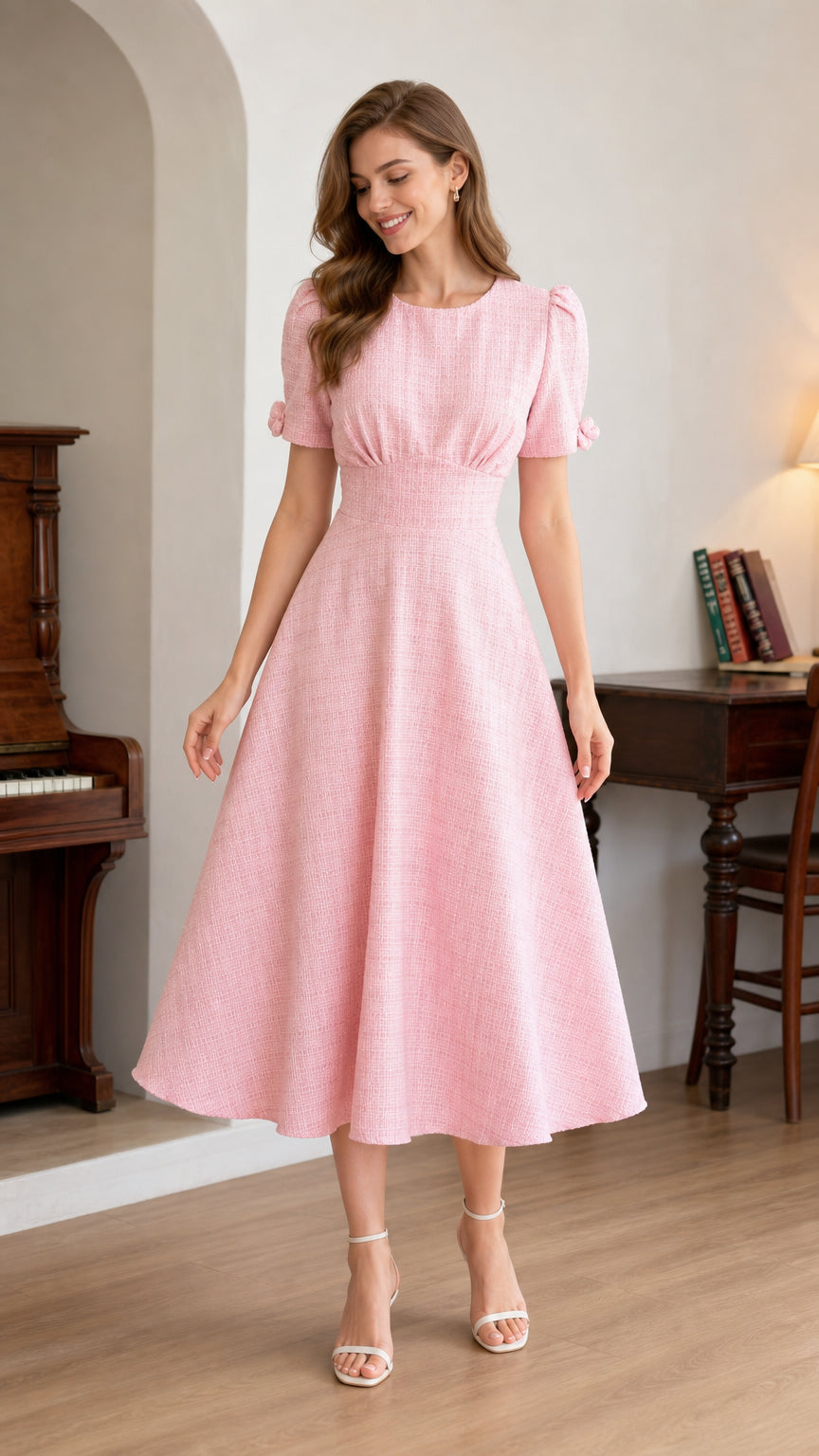 Woman wearing a light pink short-sleeve textured woven A-line midi dress front view