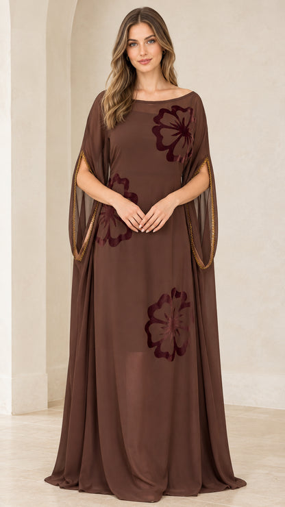 Front view of model wearing Chocolate Brown floral applique split sleeve kaftan maxi gown