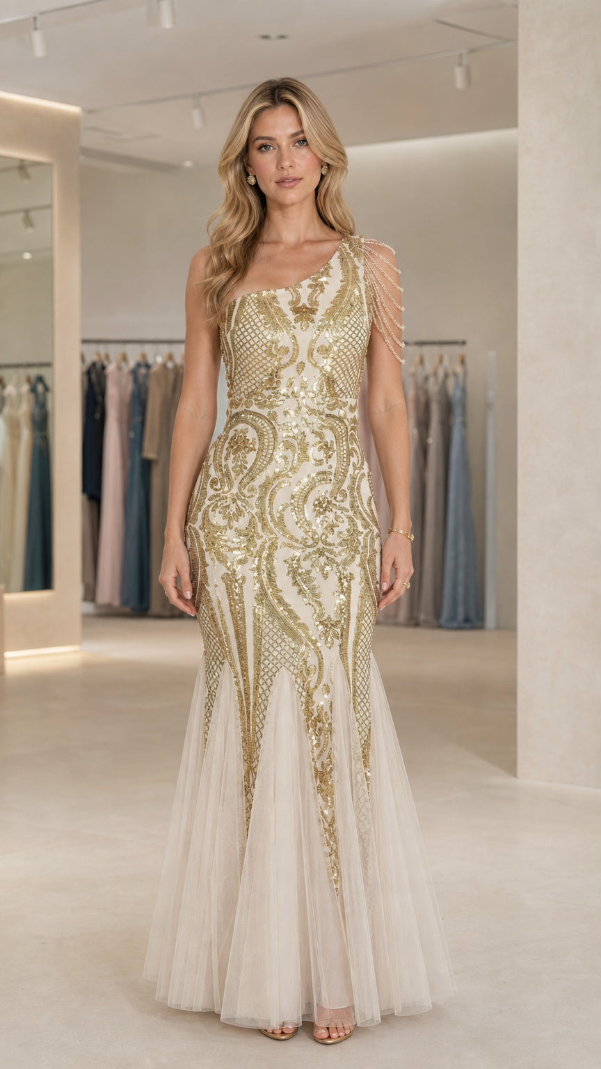 Champagne Gold one-shoulder sequin mermaid gown front view with beaded fringe shoulder