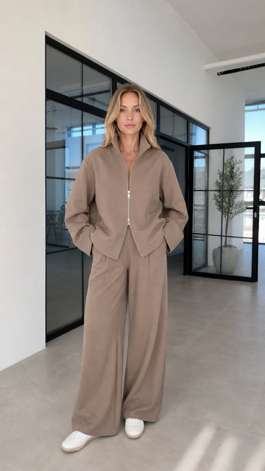 Woman wearing taupe half-zip lounge set front view