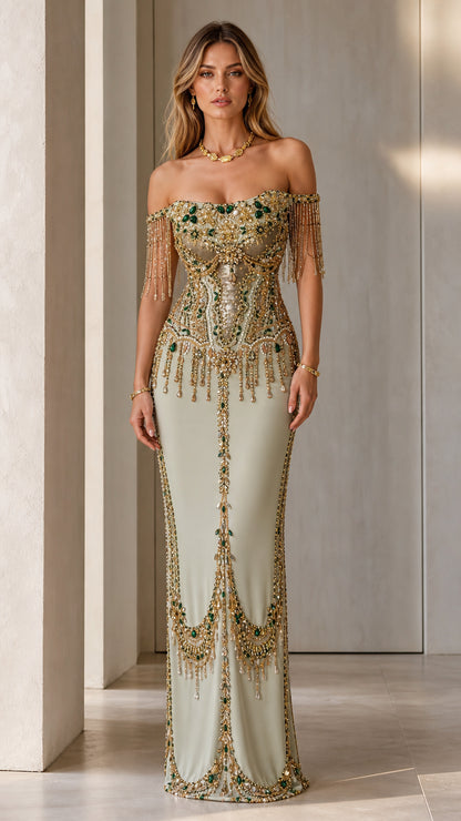 Front view of model wearing Sage Green off-the-shoulder beaded evening gown