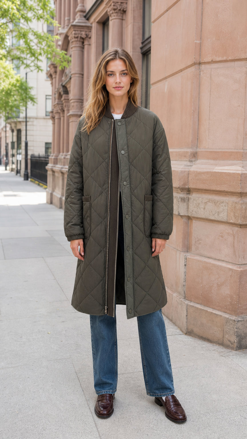 Front full-length view of model wearing olive green longline quilted bomber coat with blue jeans