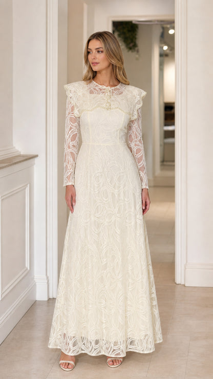 Front full-length view of the Ivory Lace Capelet Maxi Dress