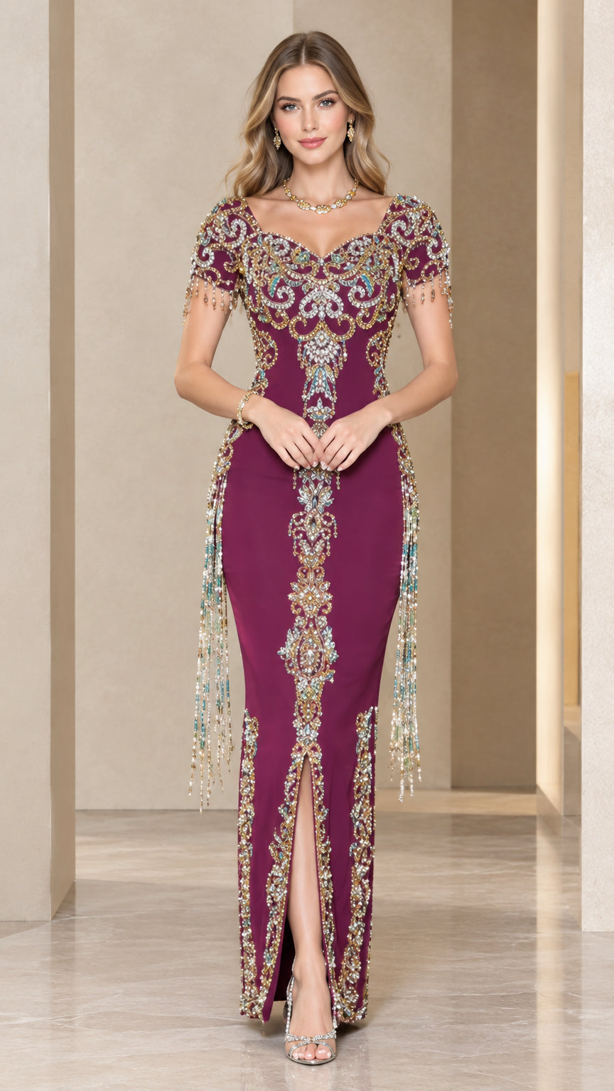 Plum beaded sweetheart column evening gown with cap sleeve fringe and front slit front view