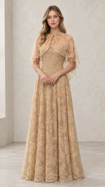 Front view of woman wearing Champagne embroidered lace capelet evening gown