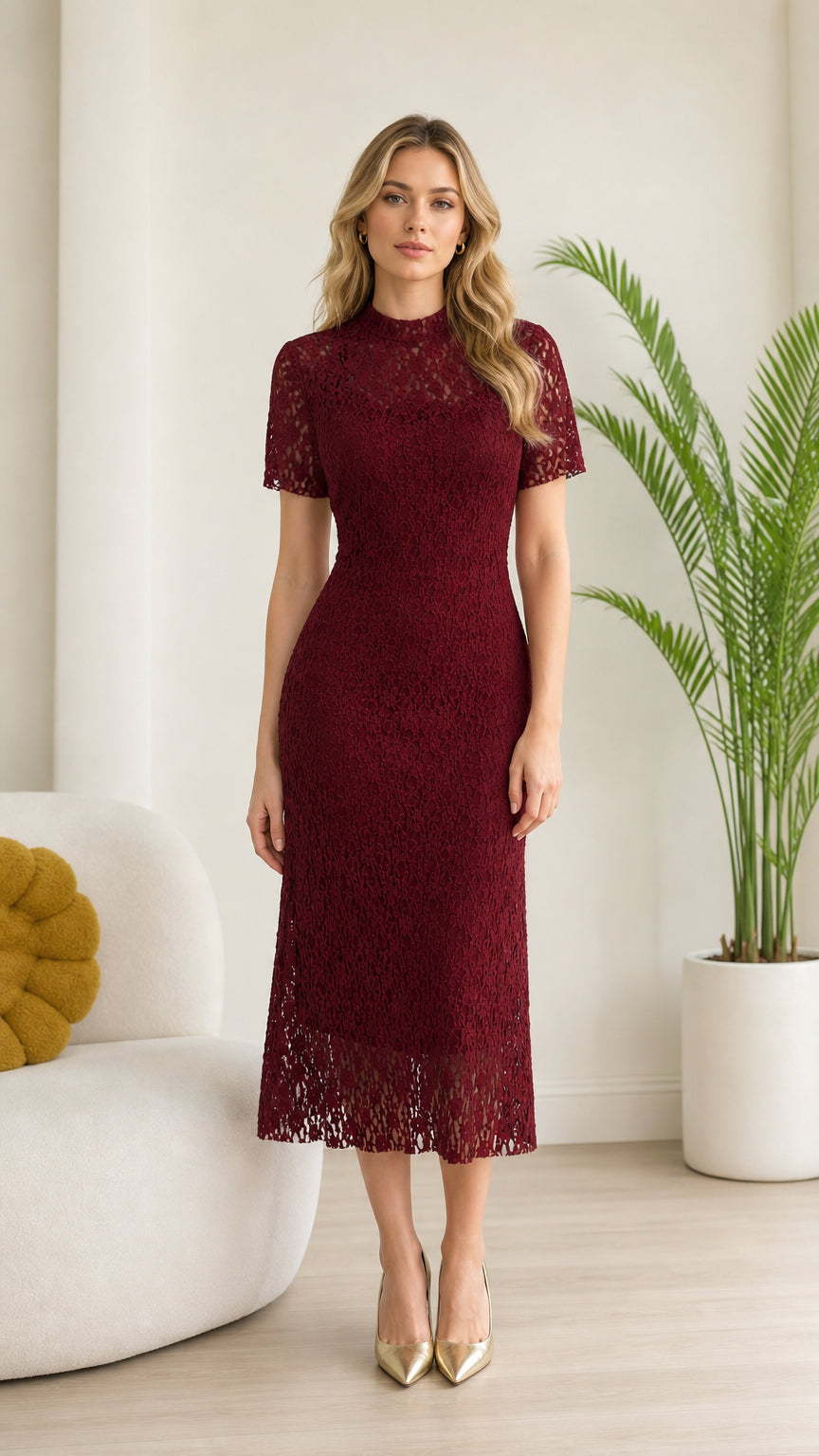 Front view of model wearing Burgundy floral lace mock neck midi dress
