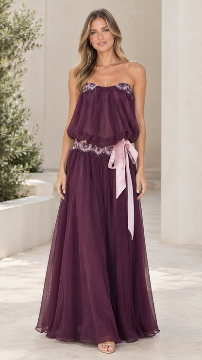 Model wearing Plum strapless lace-trim blouson maxi dress front view