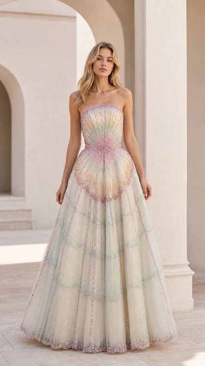 Front view of multi-color strapless tulle ball gown