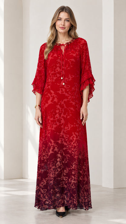 Front view of model wearing Ruby Red ombre chiffon maxi dress with flutter sleeves and beaded neck