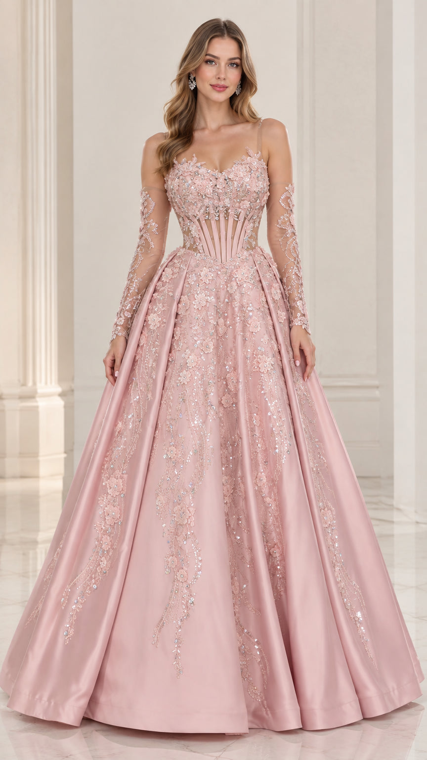 Front view of Blush Pink floral applique corset ball gown with sheer sleeves
