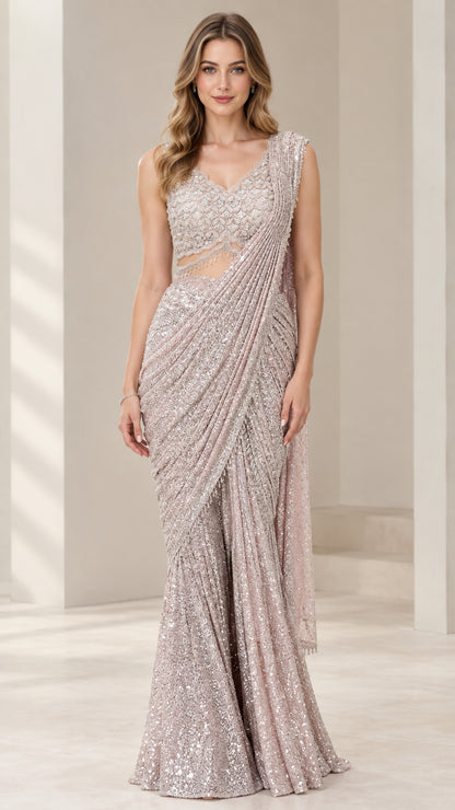 Dusty Mauve sequin pre-draped saree gown front view with beaded crop top