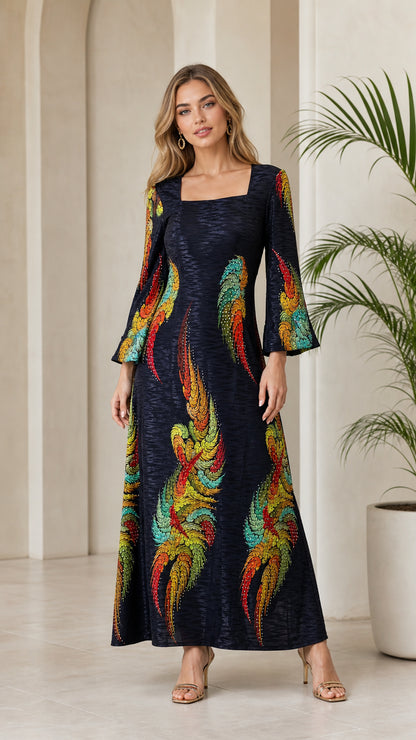 Front view of model wearing Navy Blue square neck bell sleeve maxi dress with vibrant feather print