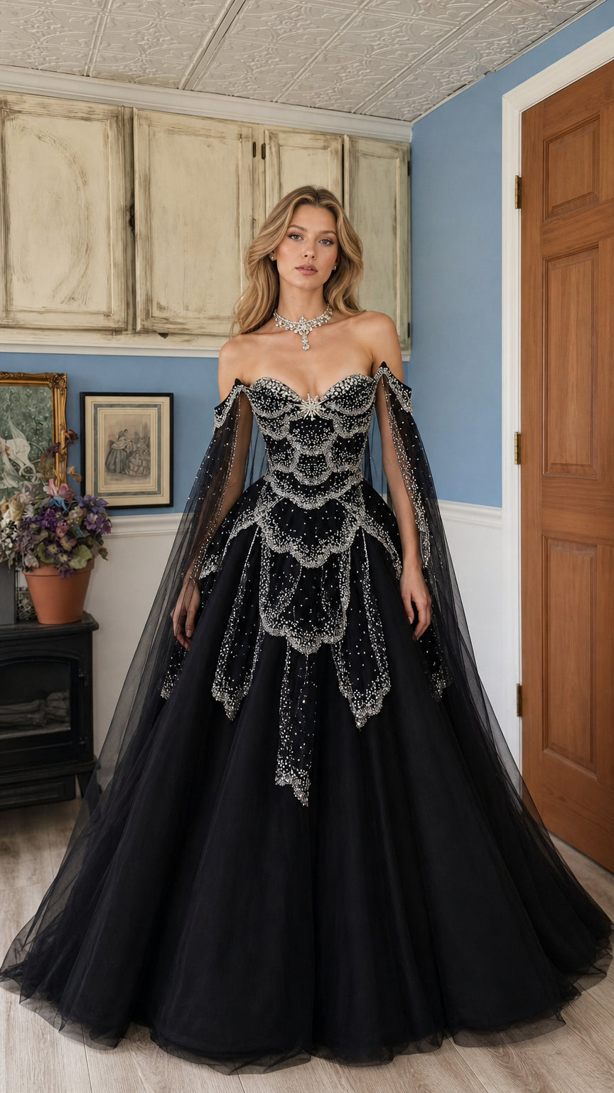 Front view of black beaded off-the-shoulder ball gown with tulle cape sleeves