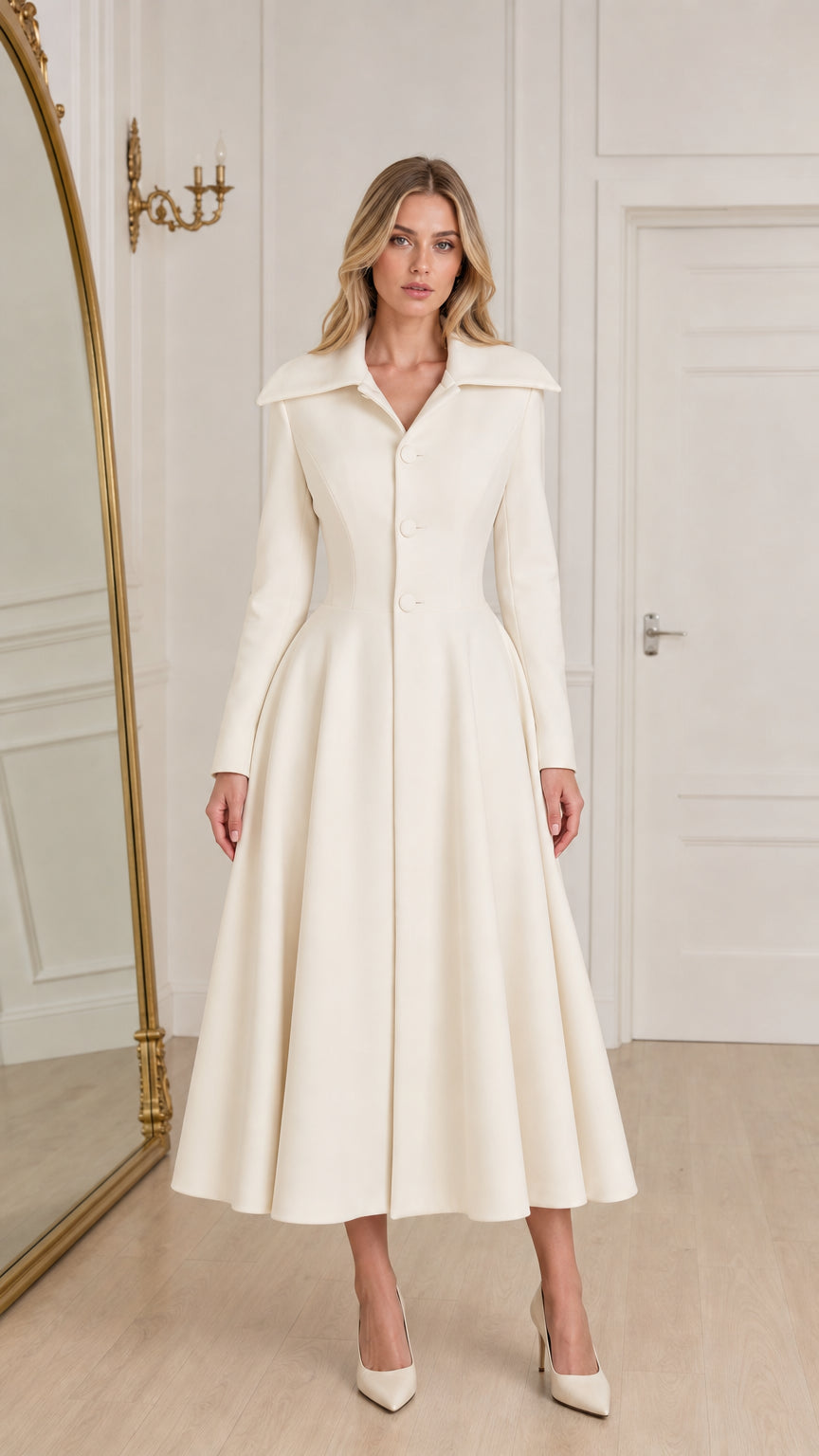 Model wearing ivory white vintage fit and flare midi coat dress front view