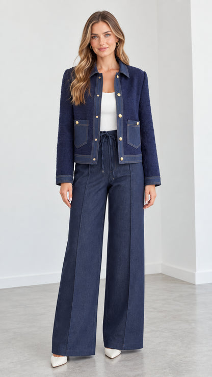 Women's navy blue textured cropped jacket and wide leg pants two piece set front view