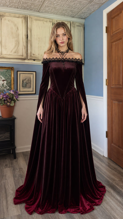 Model wearing Burgundy velvet off-shoulder maxi dress from front