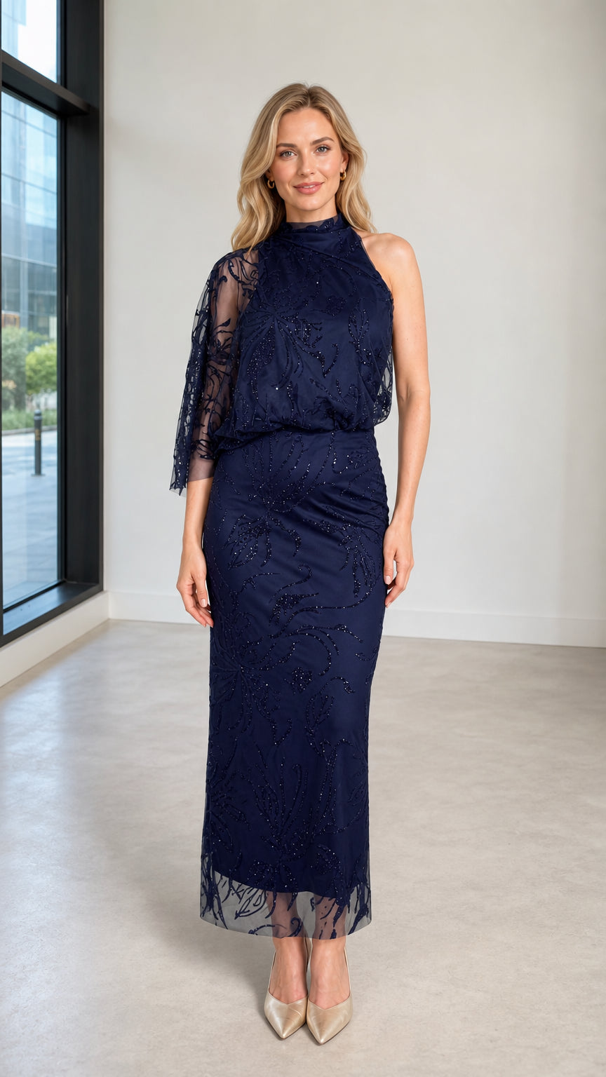 Front view of Navy sequin embroidered capelet maxi dress