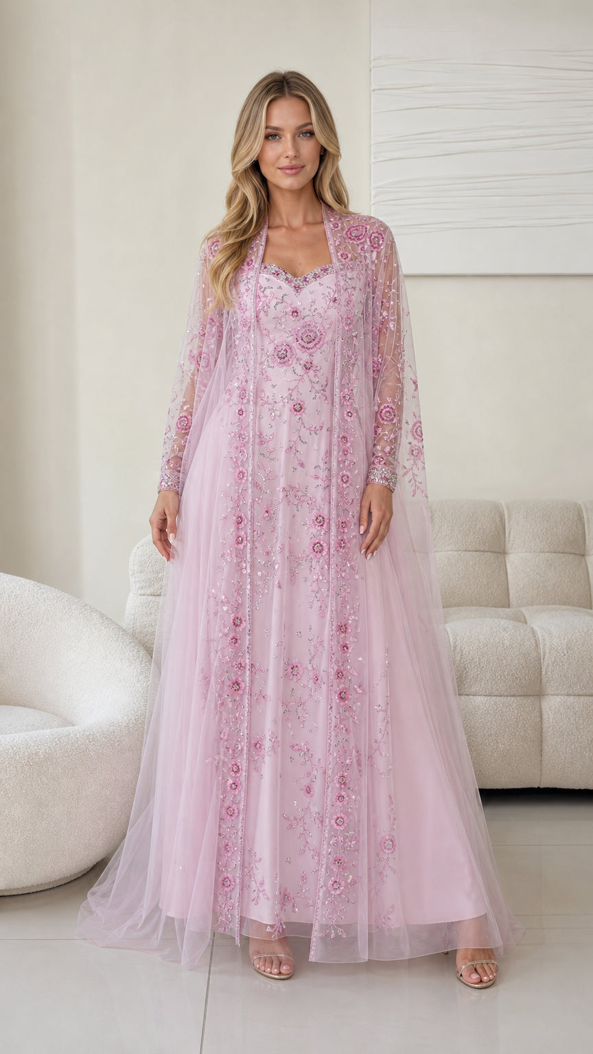 Front view of pink embroidered tulle evening dress and matching jacket set