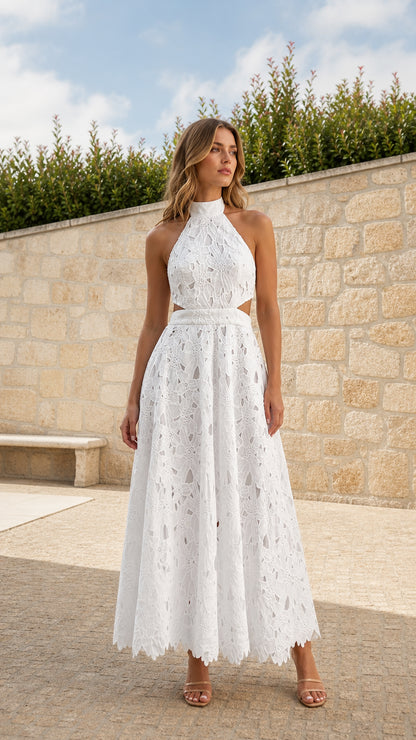 Front view of model wearing White halter lace maxi dress