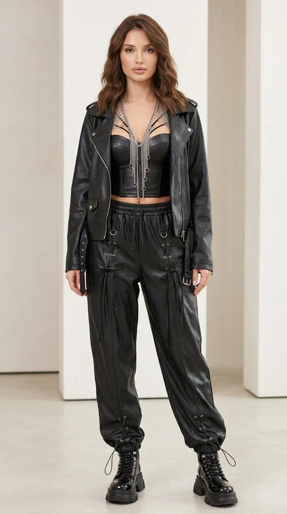 Model wearing black faux leather 3-piece set from the front