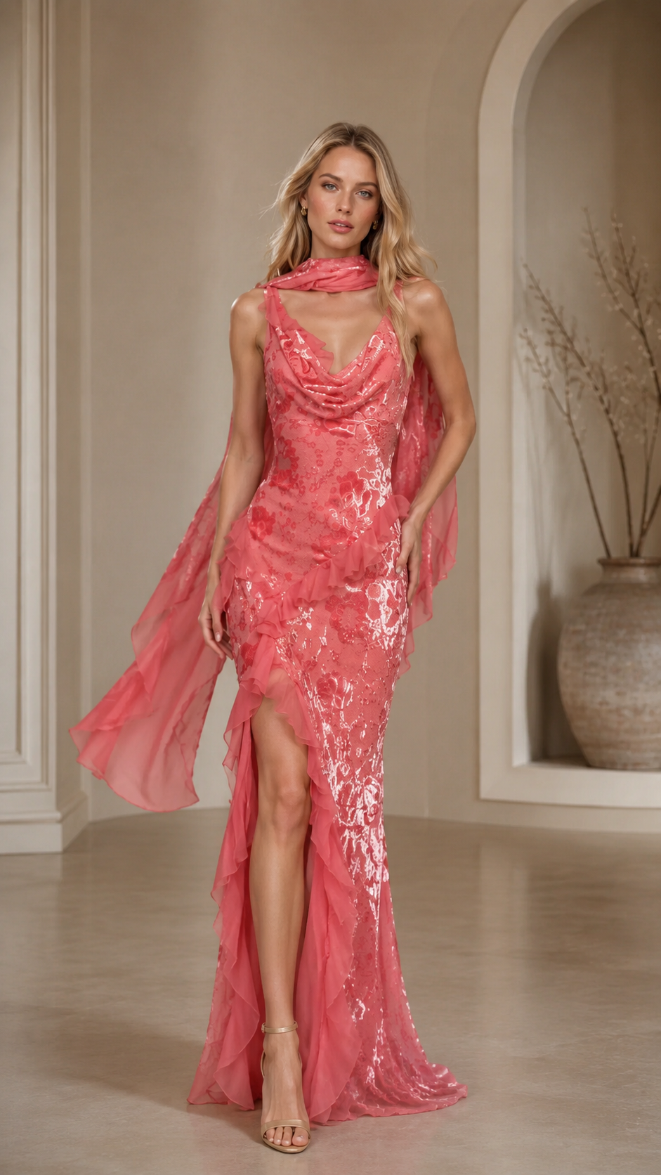 Front view of coral pink sequin mermaid evening gown with cowl neckline and flowing scarf detail