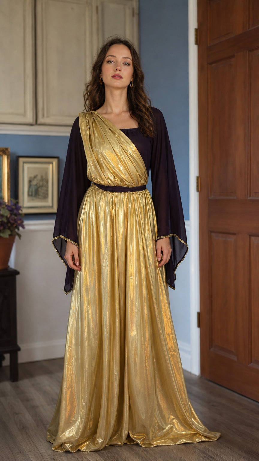 Grecian goddess gold metallic long sleeve maxi dress front view