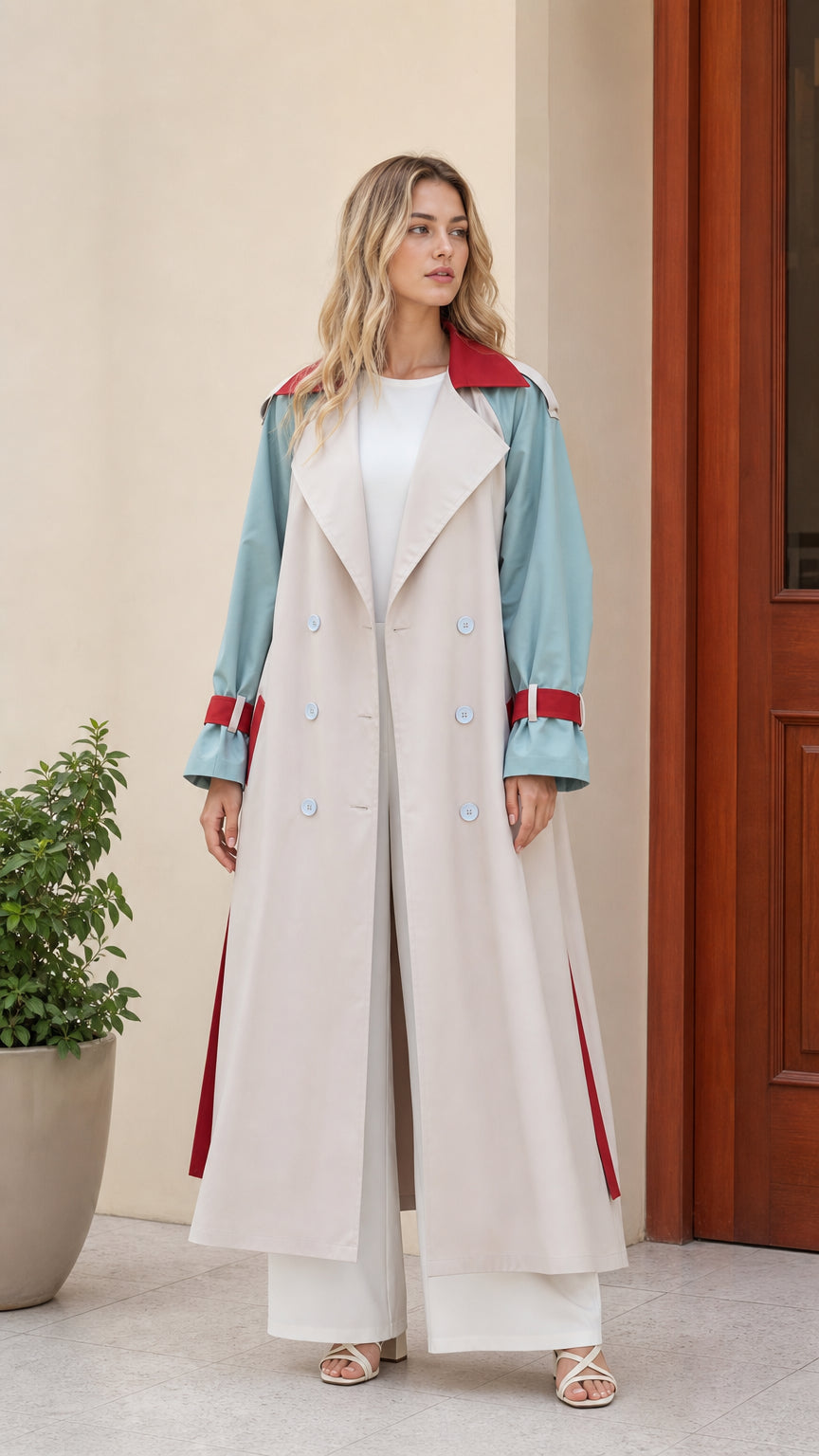 Full front view of women's beige colorblock maxi trench coat with teal sleeves and red accents