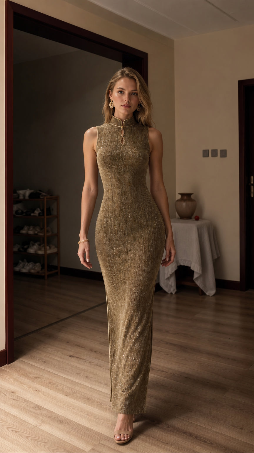 Front view of model wearing gold metallic high-neck maxi dress