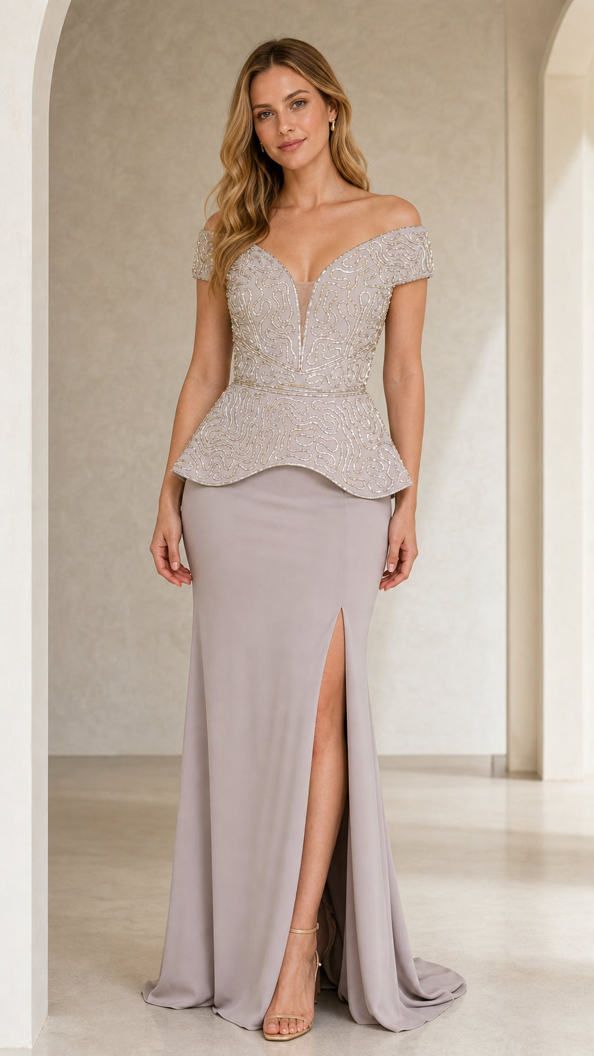 Front view of woman wearing silver grey off-the-shoulder beaded peplum evening gown