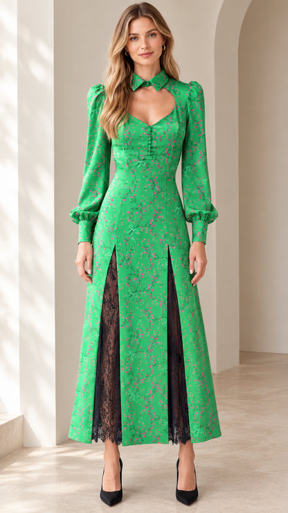 Front view of model wearing Emerald Green floral collared maxi dress with lace slit inserts