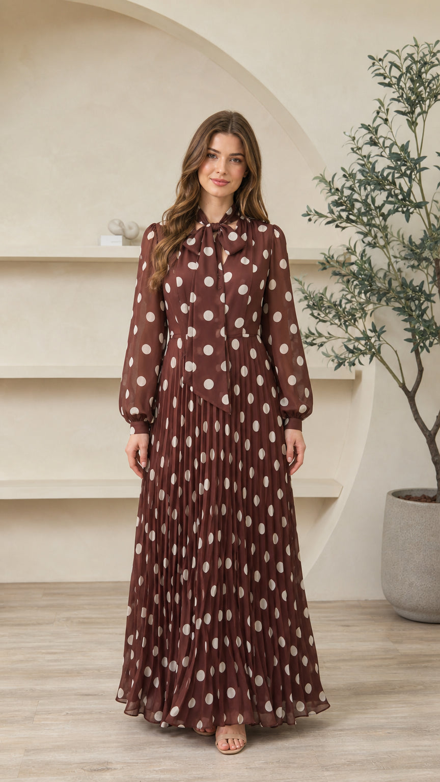 Front view of woman wearing chocolate brown polka dot tie-neck pleated maxi dress