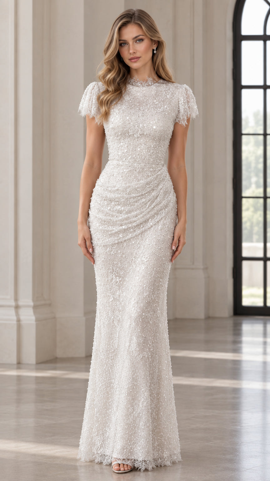 Front view of model wearing a white sequin mock neck floor-length evening gown with cap sleeves