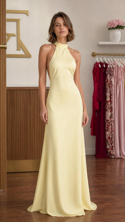 Front view of a yellow satin halter maxi dress
