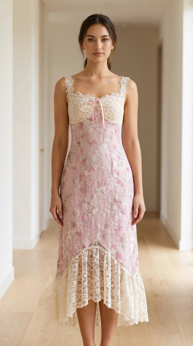 Model wearing pink floral midi dress with lace trim from the front