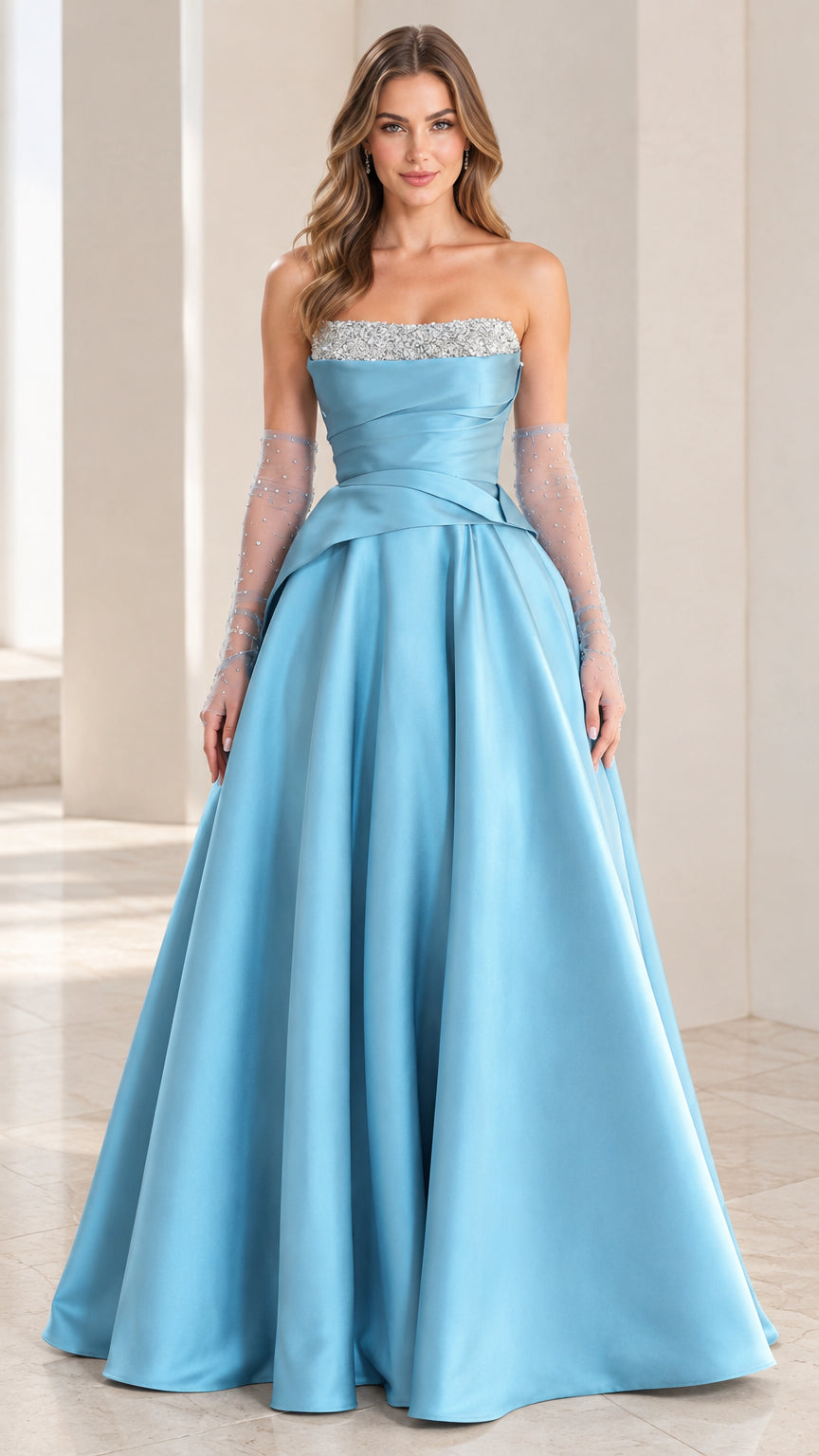 Sky blue strapless satin evening gown with beaded neckline front view